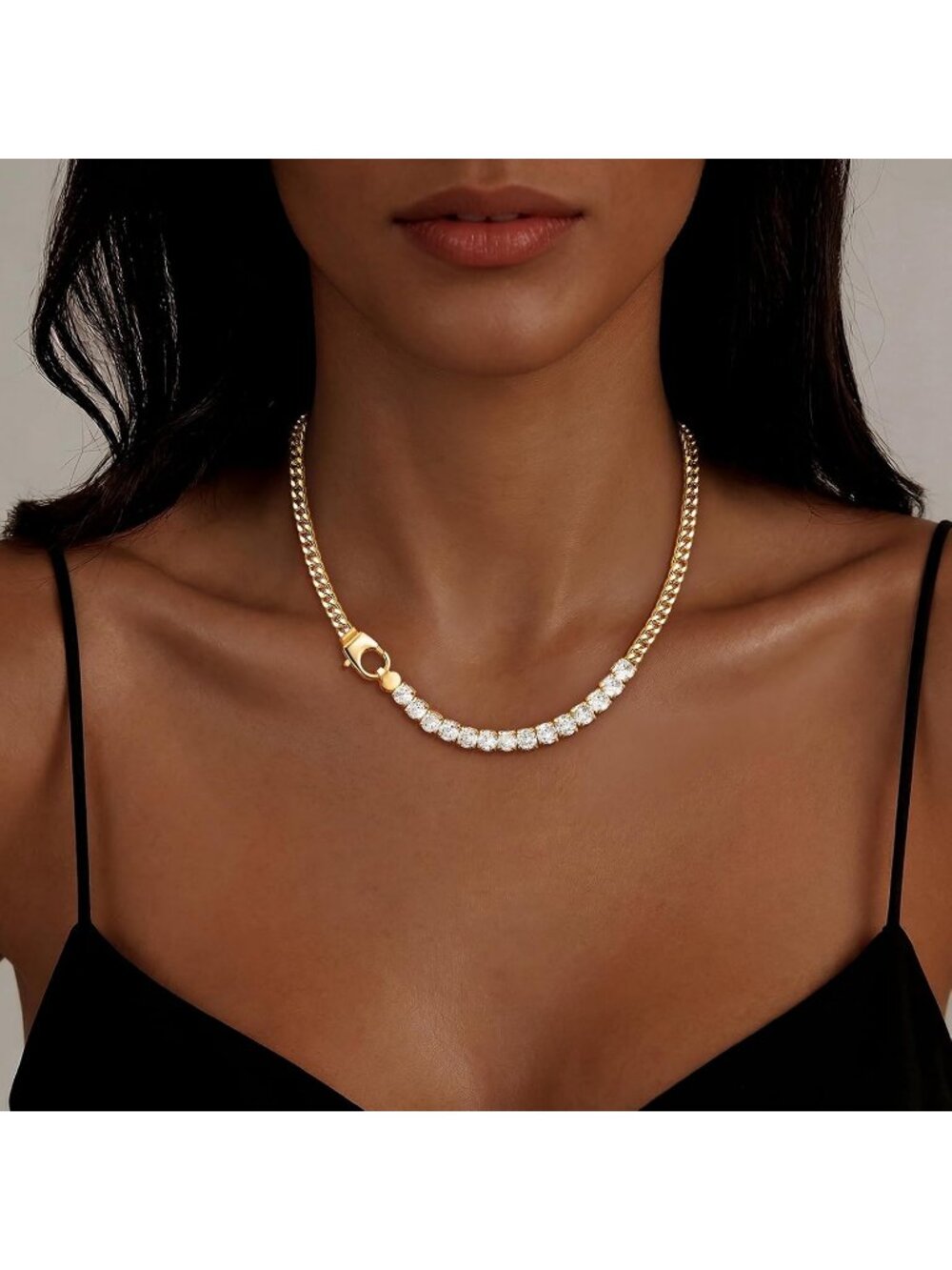 Women's Gold-Chunky Chain Tennis Necklace Cuban Choker Love Chain Jewelry - Picture 2 of 7